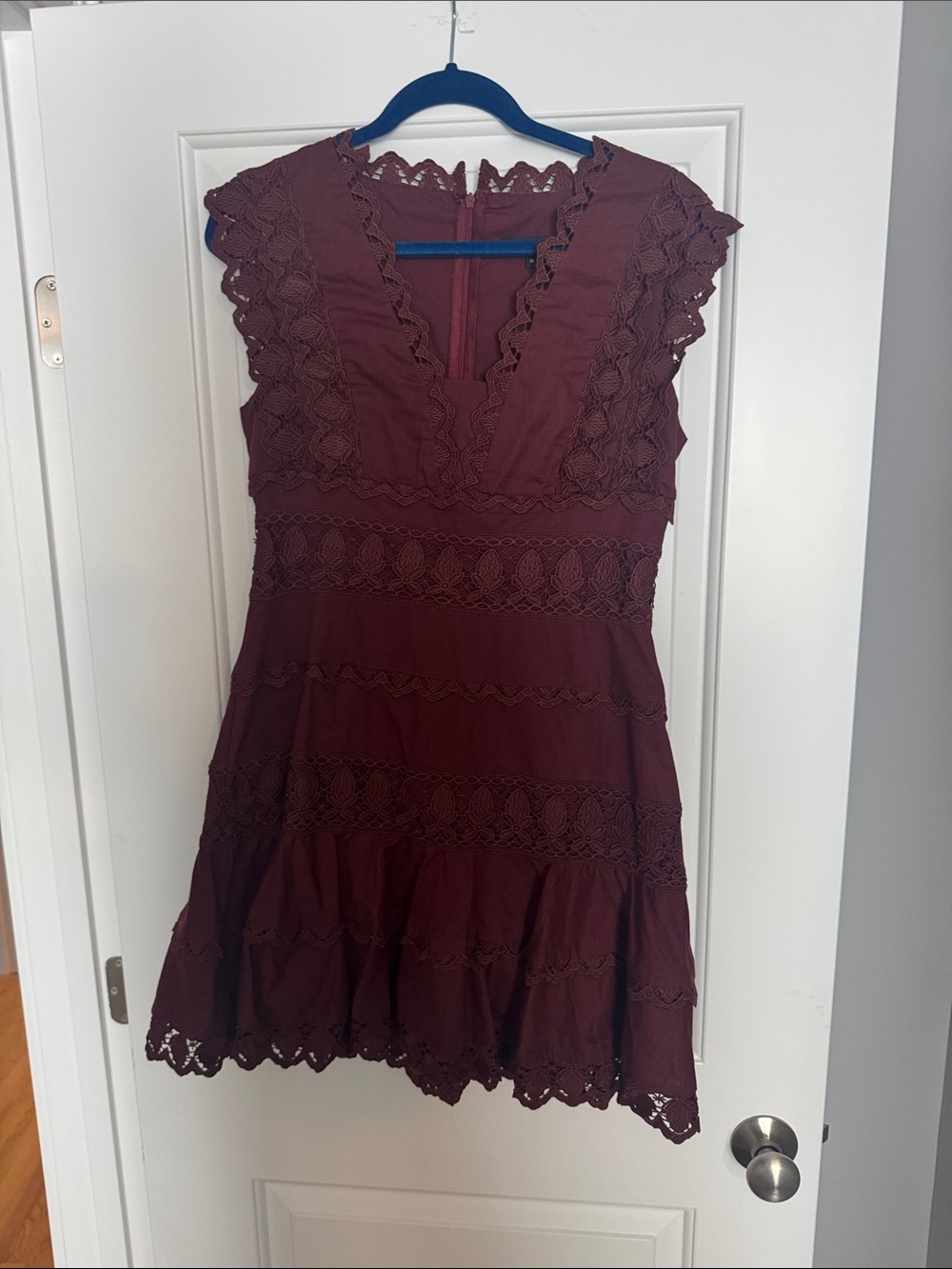 NWT Endless Rose Lace-Trim V-Neck Mini Dress in Deep Burgundy Size M